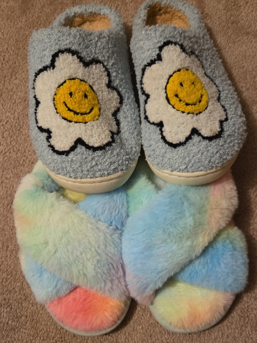 Blue Daisy Smile Fuzzy Slippers + Pastel Rainbow Slipper Bundle